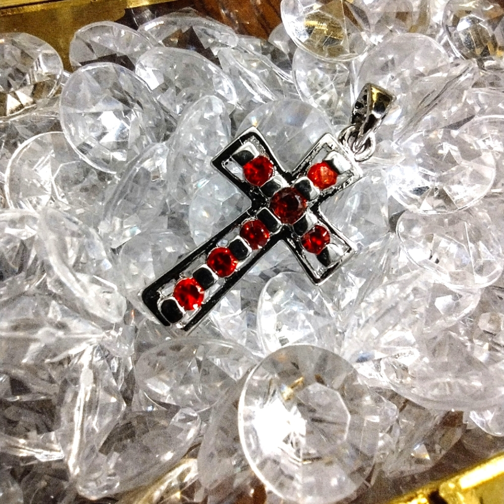 925 Sterling Silver Bright Red Stoned Cross